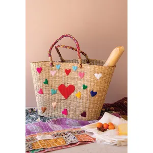 Seagrass Basket with Embroidered Hearts 1