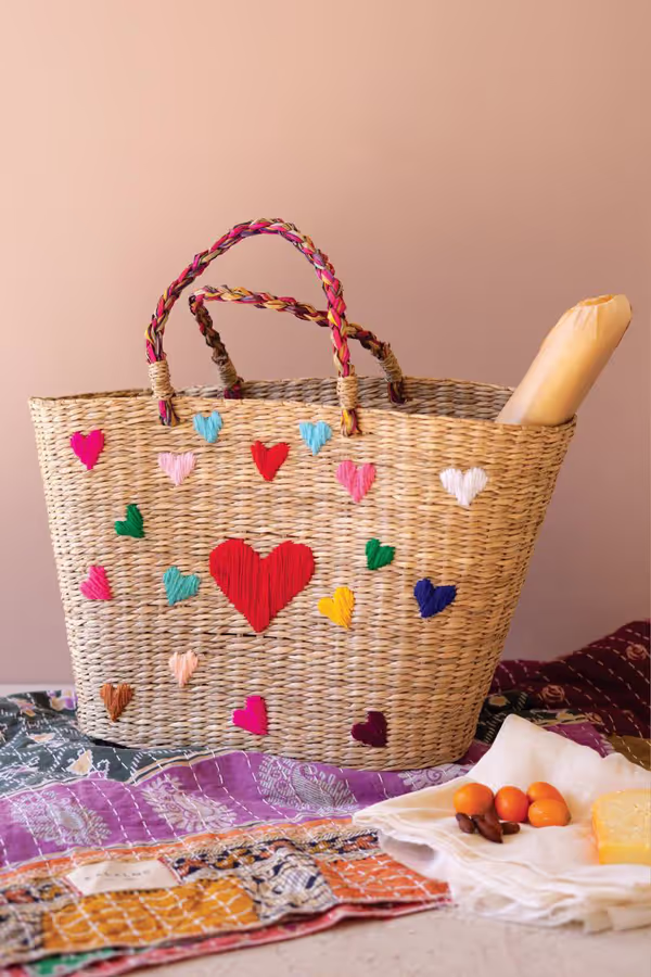 Seagrass Basket with Embroidered Hearts