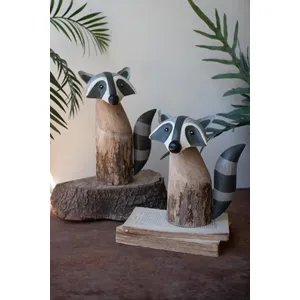 Set of 2 Recycled Wood and Iron Raccoons 1