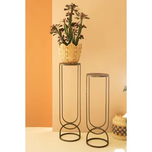 Set of 2 Metal Accent Pedestals with Recycled Wood Tops 1
