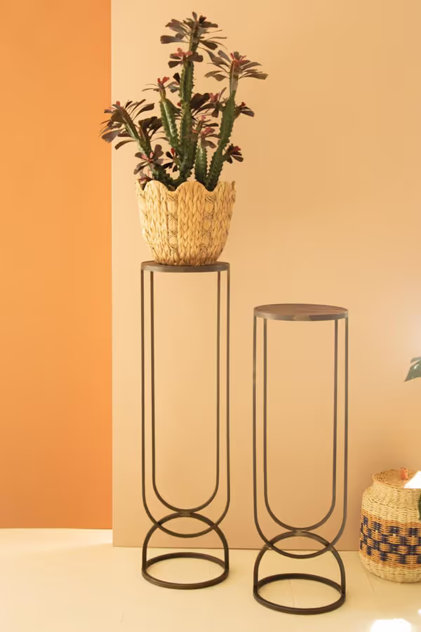 Set of 2 Metal Accent Pedestals with Recycled Wood Tops