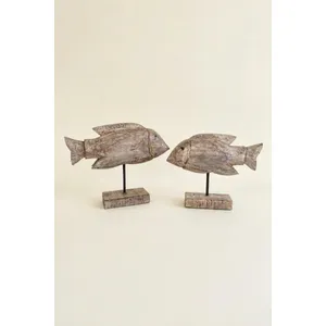 Set of 2 Carved Recycled Wooden Fish on Stands 3