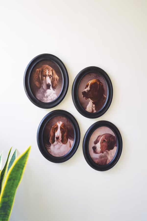 Set of 4 Framed Oval Hound Prints under Glass