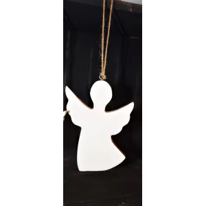 Wooden Hanging Angel w/ White Enamel 3x4in 3