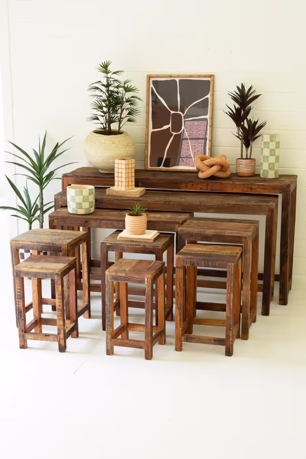 Set of 9 Recycled Wood Display Tables