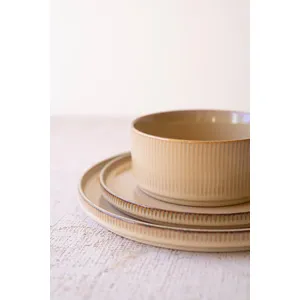 Set of 3 Khaki Ceramic Dinner Plate, Salad Plate and Bowl with Ridges 5