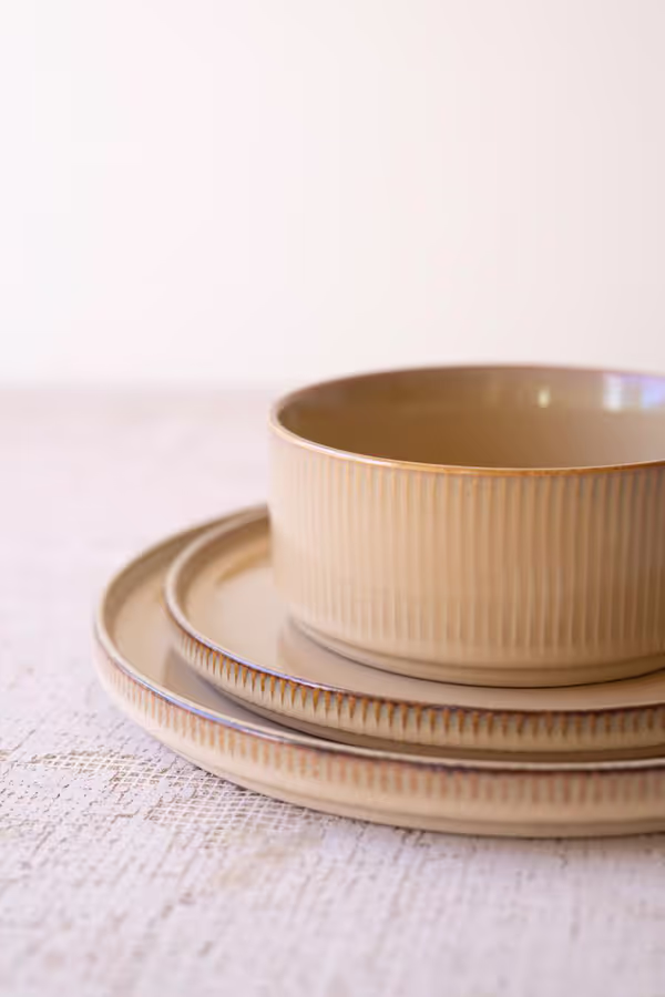 Set of 3 Khaki Ceramic Dinner Plate, Salad Plate and Bowl with Ridges