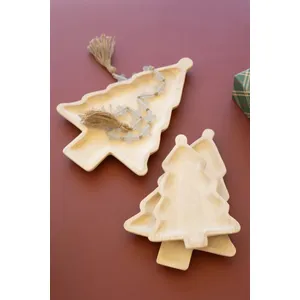 Set of 3 Carved Wood Christmas Tree Platters 1
