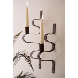 Set of 2 Forged-Iron Wavy Metal Taper Candle Wall Sconces 6