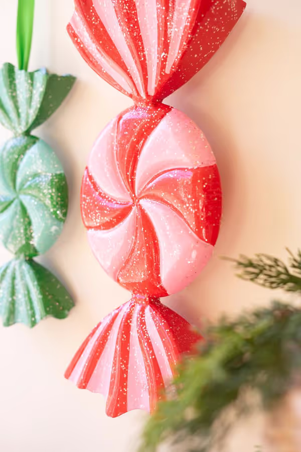 Set of 2 Large Painted Metal Colorful Christmas Candy Ornaments