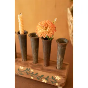 Eight Metal Bud Vases with Hand-Painted Wooden Base 2