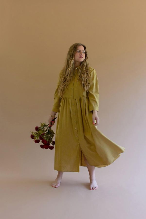 Long-Sleeve Buttondown Dress with Pockets - Pistachio