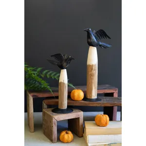Set of 2 Black Iron Crows on Wooden Bases 1