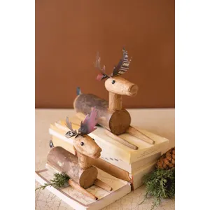 Set of 2 Metal and Wood Sitting Deer 1