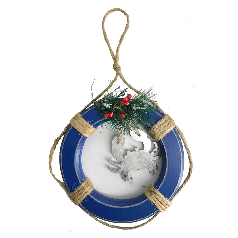 4-1/2" WOODEN LIFE RING W/CRAB ORNAMENT