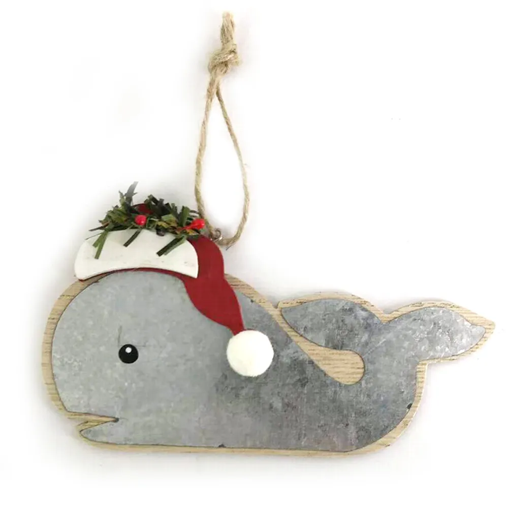 5-3/4" WOODEN WHALE W/SANTA HAT ORN