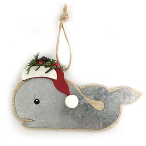 5-3/4" WOODEN WHALE W/SANTA HAT ORN 1