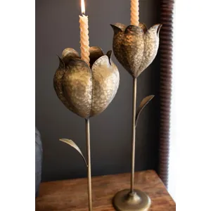 Set of 2 Antique Brass Tulip Taper Candle Holders 3