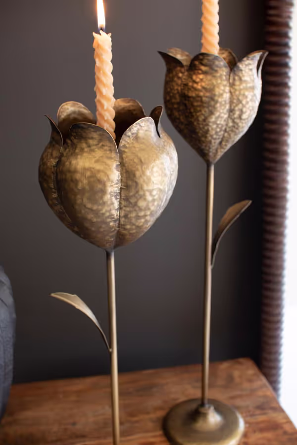 Set of 2 Antique Brass Tulip Taper Candle Holders