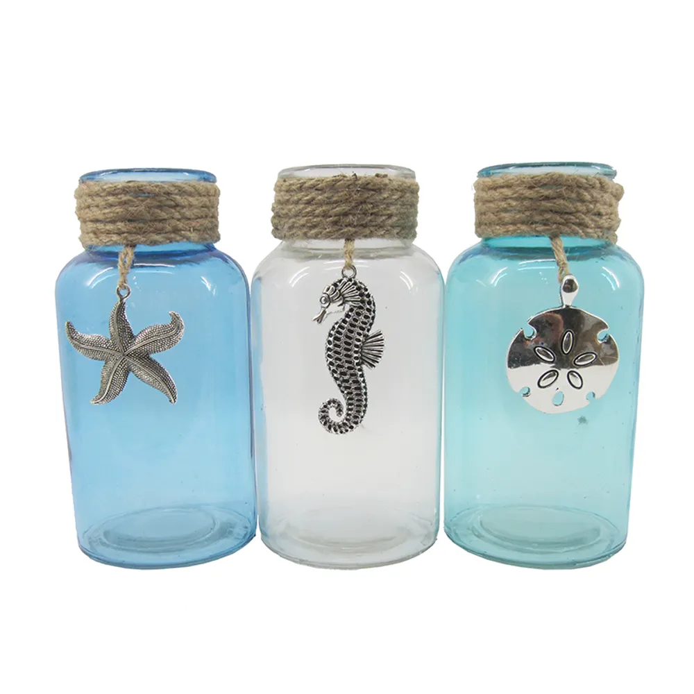 6-1/2" GLASS VASE W/ROPE 3-ASST
