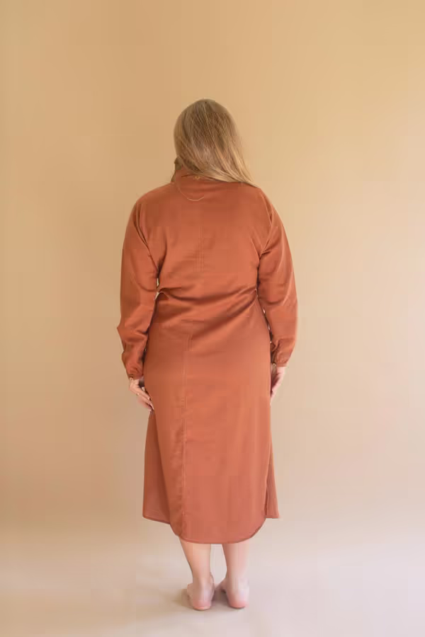Long-Sleeve Button-Front Dress with Front-Tie Detail / Cinnamon