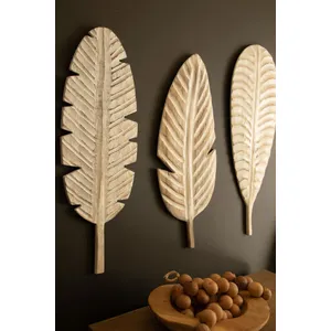 Set of 3 Hand-Carved Paulownia Wood Leaves Wall Art 2