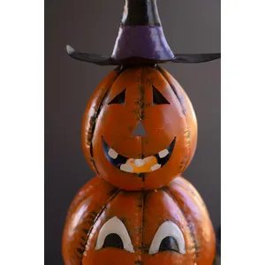 Painted Metal Stack of 4 Jack-O-Lanterns with Witch Hat Luminary 2