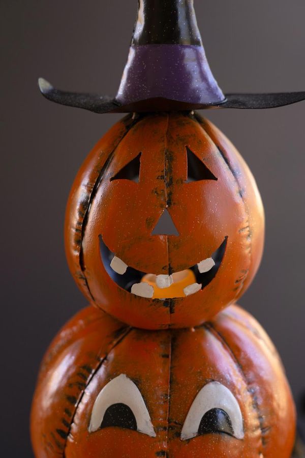 Painted Metal Stack of 4 Jack-O-Lanterns with Witch Hat Luminary