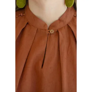 High-Neck Shortsleeve Blouse with Flat Pom-Pom Lace Detail / Cinnamon 4