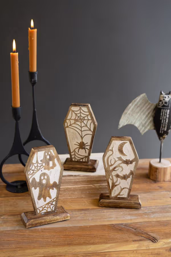Set of 3 Carved Wooden Halloween Coffin Scenes