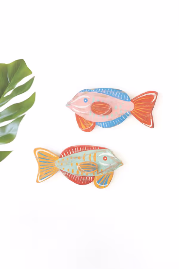 Set of 2 Colorful Wood Fish Wall Plaques