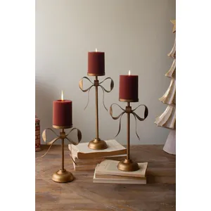 Set of 3 Antique Brass Pillar Candle Stands with Bow Detail 3