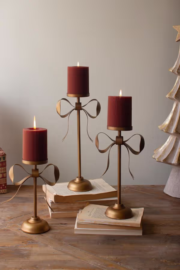 Set of 3 Antique Brass Pillar Candle Stands with Bow Detail