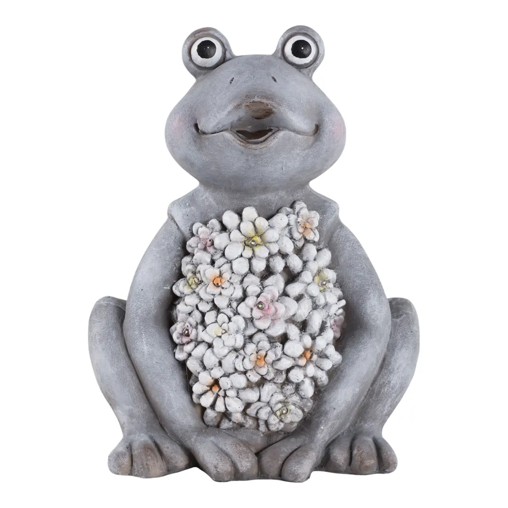 13X10" SITTING FROG WITH SOLAR FLOWERS, GREY MULTI