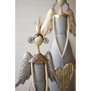 Set of 2 Gold and Grey Christmas Angels Holding a Heart and Star 2