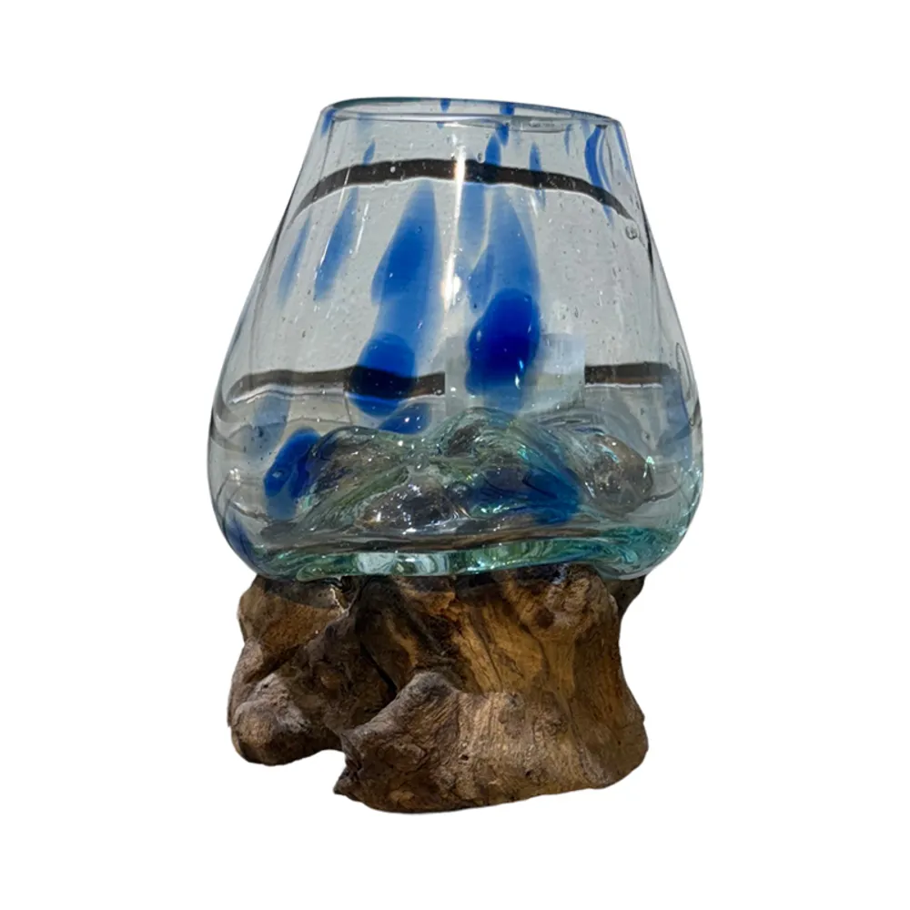 5-1/2" BLUE DOT GLASS BOWL ON DRIFTWOOD