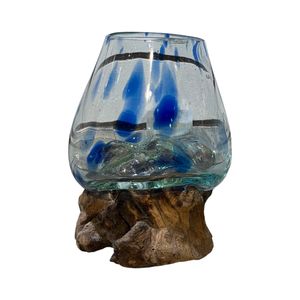 5-1/2" BLUE DOT GLASS BOWL ON DRIFTWOOD 1