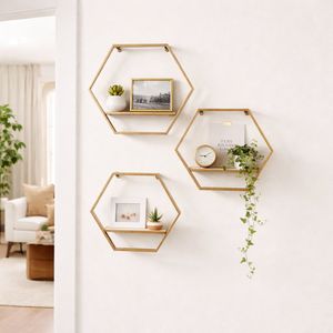 S/3 METAL/WOOD HEXAGON WALL SHELVES, GOLD 10