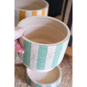 Set of 3 Striped Clay Planters with Trays 3