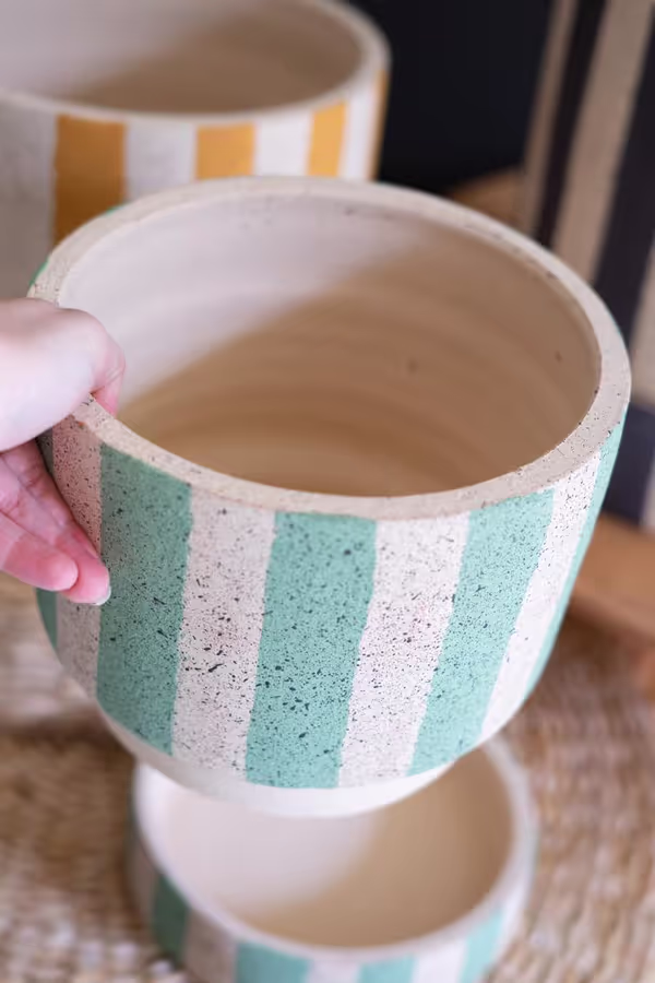 Set of 3 Striped Clay Planters with Trays
