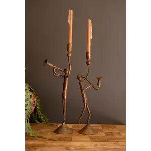 Set of 2 Forged-Iron Trumpet and Saxophone Taper Candle Holders 3