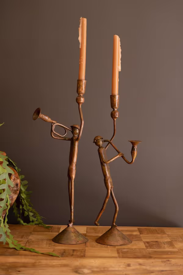 Set of 2 Forged-Iron Trumpet and Saxophone Taper Candle Holders