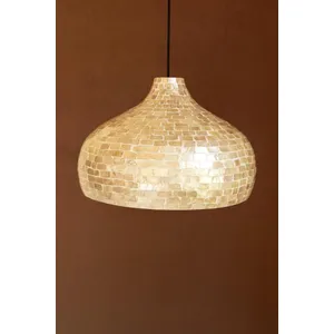 Dome Spun Bamboo Pendant Light with Neutral Capiz Shell Detail 1