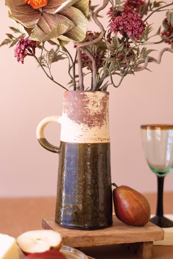 Tall Single Handle Brown and White Pitcher Vase