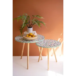 Set of 2 Wooden Accent Tables with Capiz Shell Fish Detail 3