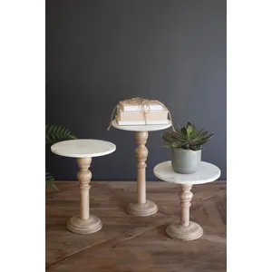 Set of 3 Wooden Display Stands with White Marble Tops 1