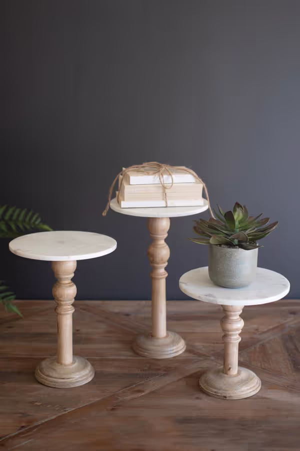 Set of 3 Wooden Display Stands with White Marble Tops