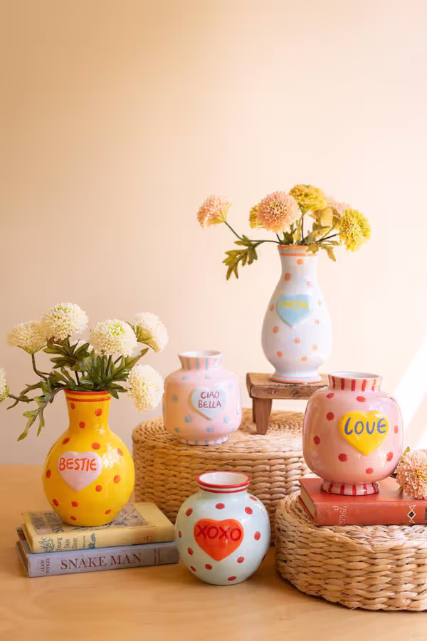 Set of 5 Ceramic Hearts with Words Vases