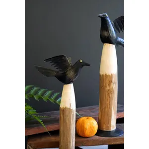 Set of 2 Black Iron Crows on Wooden Bases 2