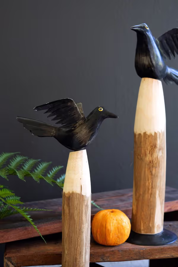 Set of 2 Black Iron Crows on Wooden Bases